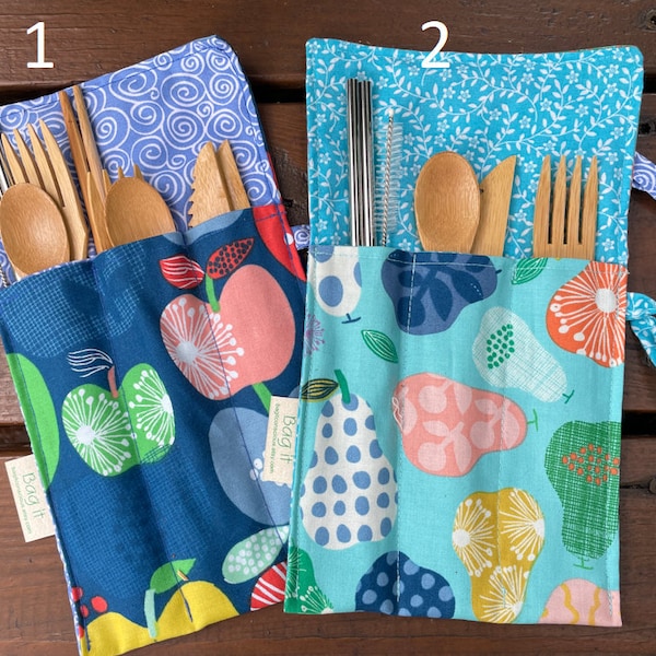 Reusable bamboo cutlery and roll up carrying pouch - Flatware carrying pouch - Waste free lunch  -  Cutlery travel pouch - utensils pouch