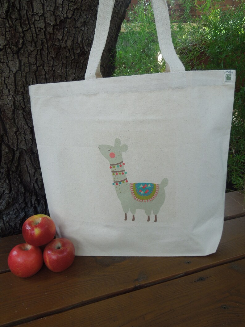 Large market tote Reusable shopping bag Natural cotton market tote Knitting project bag Canvas bag Llamas