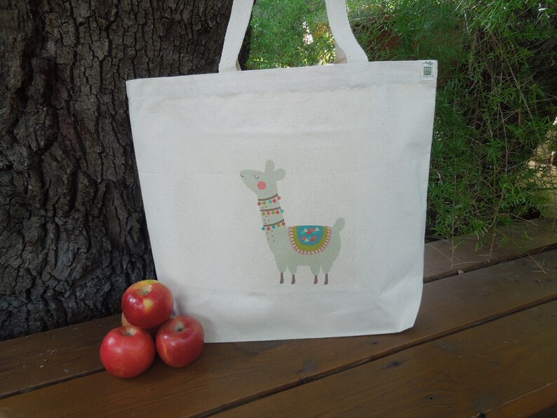 Large market tote Reusable shopping bag Natural cotton market tote Knitting project bag Canvas bag Llamas