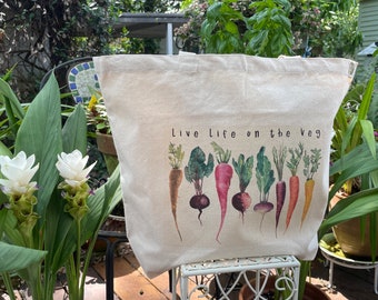 Large canvas bag  -  Canvas tote bag - Recycled cotton canvas tote - reusable shopping tote -  Live life on the veg - Carrots and beets