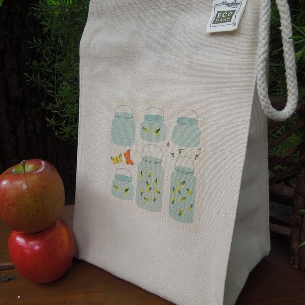 Canvas lunch bag - Recycled cotton lunch bag - Picnic lunch bag - Birthday party favor - Zero waste lunch - Mason jars and fireflies