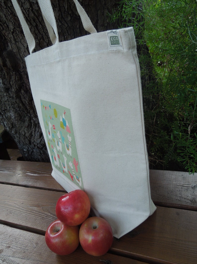 Large market tote Reusable shopping bag Natural cotton market tote Knitting project bag Canvas bag Llamas