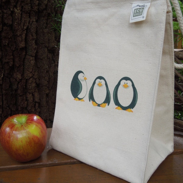 Lunch bag - canvas lunch bag - Small project bag - Children lunch bag - Birthday party favor - Recycled cotton lunch bag - Penguins