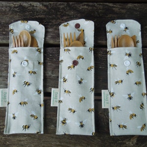 Travel cutlery pouch - Reusable bamboo cutlery and carrying pouch  - Picnic cutlery case - Cutlery pouch -  Waste free lunch - Save the bees