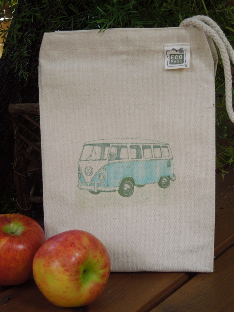 Canvas lunch bag Recycled cotton lunch bag Gender neutral lunch bag camper hippie bus Available in SIX colors picnic lunch bag image 3