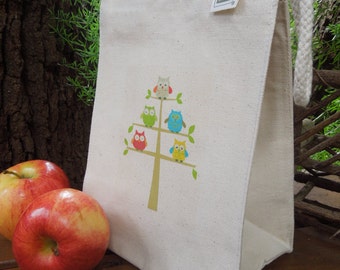 Canvas lunch bag - Owls lunch bag  - Recycled cotton lunch bag - Eco friendly - Picnic lunch bags - O W L S - 3 options to chose from