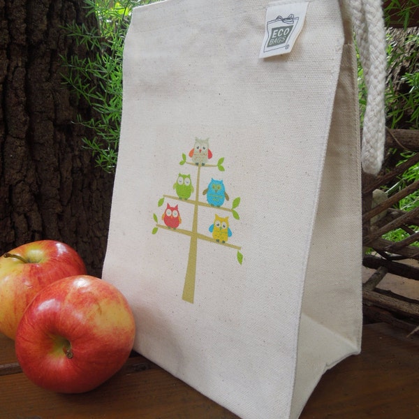 Canvas lunch bag - Owls lunch bag  - Recycled cotton lunch bag - Eco friendly - Picnic lunch bags - O W L S - 3 options to chose from