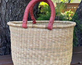 DISCOUNTED African basket - large oval basket with 2 handles - Bolga basket - small booboos -Farmers market, picnic, beach basket