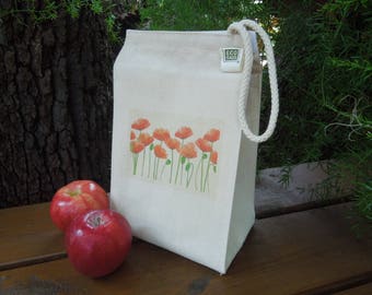 Canvas lunch bag - Recycled cotton lunch bag - Picnic lunch bag - Fair trade, fair wage - Poppies
