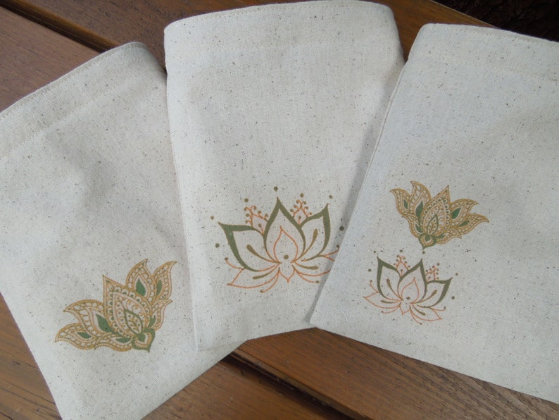 Reusable sandwich bag Gender neutral snack bags Lotus on natural unbleached cotton Choose your favorite from 3 options image 1