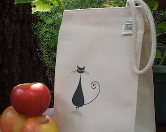 Canvas lunch bag - Recycled cotton lunch bag - Waste free lunch -  For the cat lovers - Cat