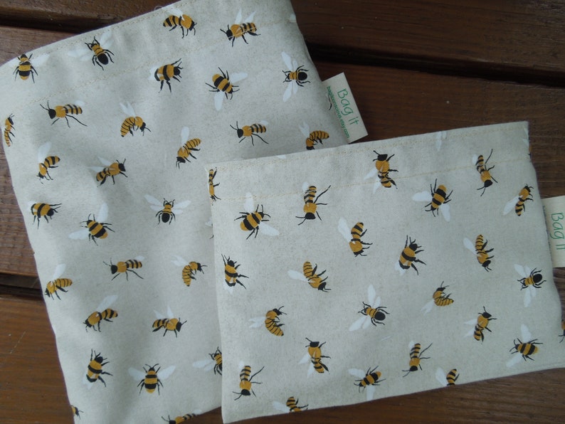 Reusable sandwich bags Reusable snack bag Reusable bags set Zero waste lunch bags Sandwich and/or snack bags Save the bees image 1