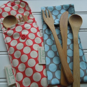 Bamboo utensils Reusable bamboo cutlery and carrying pouch Picnic cutlery case Flatware pouch Moon dots, choose your favorite color image 2