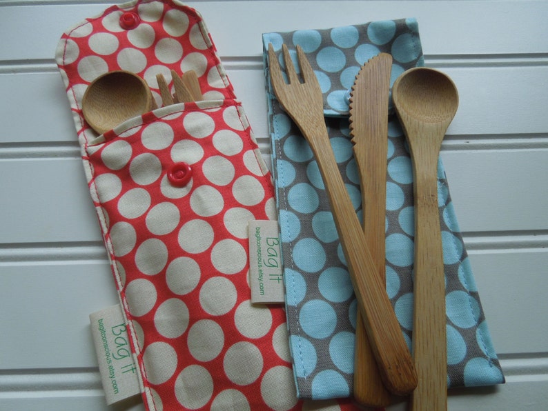 Bamboo utensils Reusable bamboo cutlery and carrying pouch Picnic cutlery case Flatware pouch Moon dots, choose your favorite color image 2