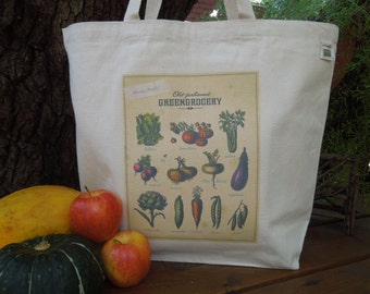 Large canvas tote - Natural cotton market tote - Reusable shopping bag - Farmers market shopping bag - Old fashioned green groceries