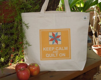 Quilting project bag - Large canvas tote for quilting project - Natural cotton market tote - Keep calm and quilt on