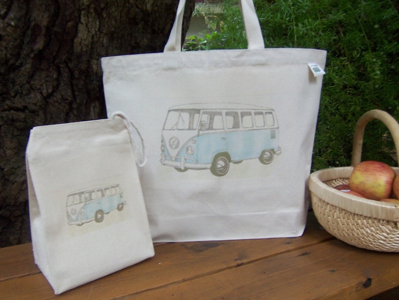 Canvas lunch bag Recycled cotton lunch bag Gender neutral lunch bag camper hippie bus Available in SIX colors picnic lunch bag image 5