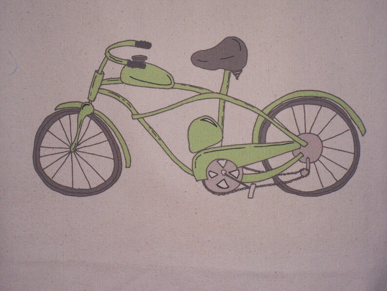 May include: A green bicycle with a brown seat and handlebars. The bicycle has a large, round gas tank and a chain drive.
