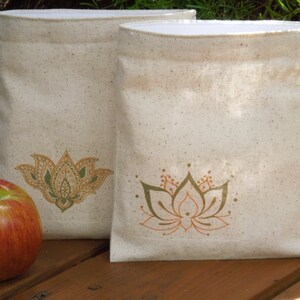 Reusable sandwich bag Gender neutral snack bags Lotus on natural unbleached cotton Choose your favorite from 3 options image 3