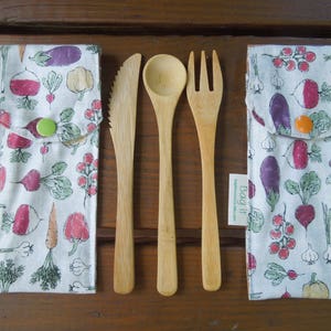 Reusable bamboo cutlery and carrying pouch  - Picnic cutlery case - Flatware pouch - Bamboo cutlery - Home grown veggies