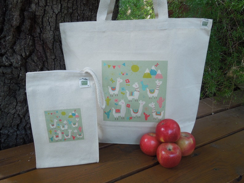 Large market tote Reusable shopping bag Natural cotton market tote Knitting project bag Canvas bag Llamas