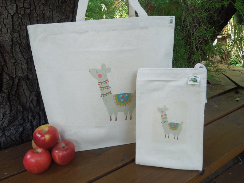 Large market tote Reusable shopping bag Natural cotton market tote Knitting project bag Canvas bag Llamas