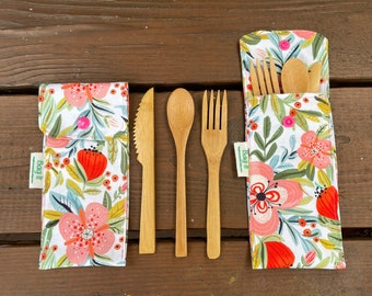 Reusable bamboo cutlery and carrying pouch - Picnic cutlery case - Flatware pouch - Bamboo cutlery - Waste free lunch - Spring flowers
