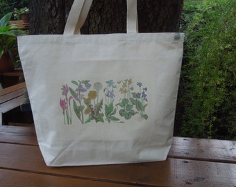 Large canvas tote - Natural cotton market tote   -  Farmers market reusable shopping bag - Small tote for kids - Waste free - Wildflowers