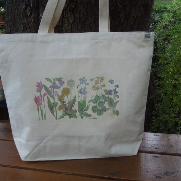 Large canvas tote - Natural cotton market tote   -  Farmers market reusable shopping bag - Small tote for kids - Waste free - Wildflowers