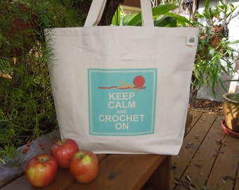 Crochet bag - Large canvas tote -  crocheting canvas tote - Small canvas tote - Carry yarn bag - Crochet tote - Keep calm and crochet on