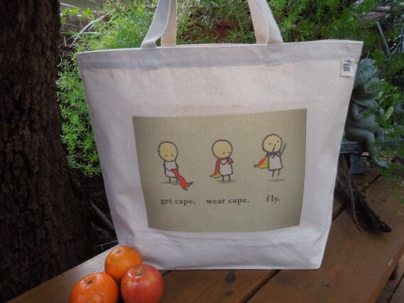 Large canvas tote - Canvas tote - Recycled cotton tote - Large canvas bag - Reusable shopping bag - SUPER hero - get cape and fly - eco bag