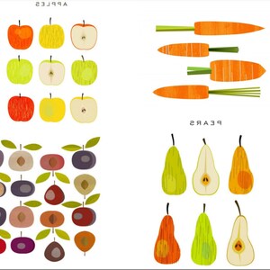 Puede incluir: Una ilustraci&oacute;n digital de varias frutas y verduras. La esquina superior izquierda muestra una colecci&oacute;n de manzanas rojas, amarillas y verdes. La esquina superior derecha muestra una colecci&oacute;n de zanahorias naranjas. La esquina inferior izquierda muestra una colecci&oacute;n de ciruelas moradas, marrones y rojas. La esquina inferior derecha muestra una colecci&oacute;n de peras verdes y naranjas. El texto "APPLES" est&aacute; en la esquina superior izquierda y el texto "PEARS" est&aacute; en la esquina inferior derecha.