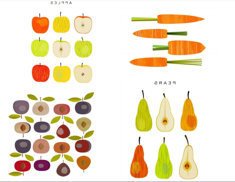 Puede incluir: Una ilustraci&oacute;n digital de varias frutas y verduras. La esquina superior izquierda muestra una colecci&oacute;n de manzanas rojas, amarillas y verdes. La esquina superior derecha muestra una colecci&oacute;n de zanahorias naranjas. La esquina inferior izquierda muestra una colecci&oacute;n de ciruelas moradas, marrones y rojas. La esquina inferior derecha muestra una colecci&oacute;n de peras verdes y naranjas. El texto "APPLES" est&aacute; en la esquina superior izquierda y el texto "PEARS" est&aacute; en la esquina inferior derecha.