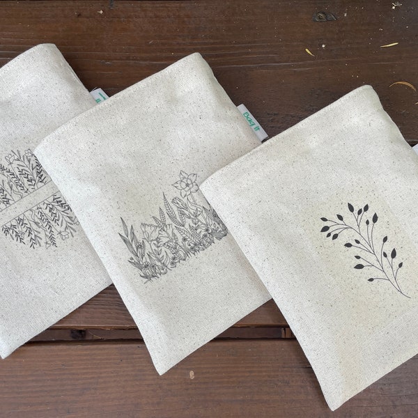 Reusable sandwich bag -  Gender neutral snack bags -  reuse snack bags - unbleached cotton sandwich bags - Wildflowers, leaves, tree