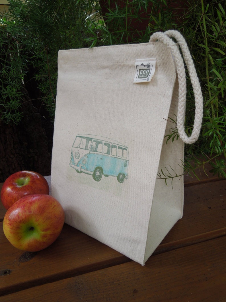 Canvas lunch bag Recycled cotton lunch bag Gender neutral lunch bag camper hippie bus Available in SIX colors picnic lunch bag image 1