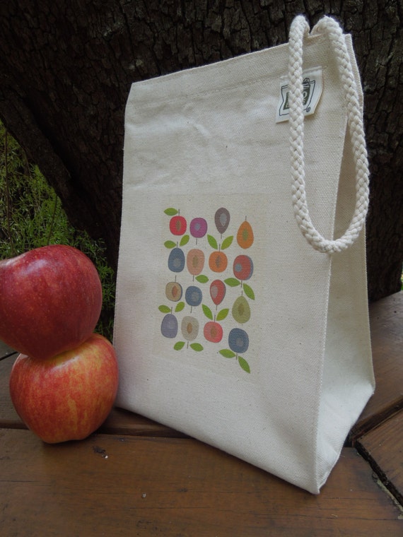 Canvas lunch bag - Recycled cotton lunch bag - FRUITS - Apples, pears, plumbs and carrots, CHOSE your favorite- waste free lunch, lunch bags