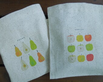 Reusable sandwich bags - Unbleached cotton sandwich bags - reusable snack bags - Apples, pears, plumbs,lots and lots of fruits to chose from