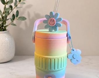 12oz Soda Can Holder with Can Opener & Daisy Straw Topper | Personalized Multicolor Rainbow Cup Holder | 3D Printed Gift