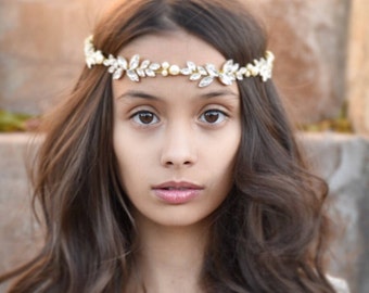 gold or silver plated crystal rhinestone headpiece with pearls