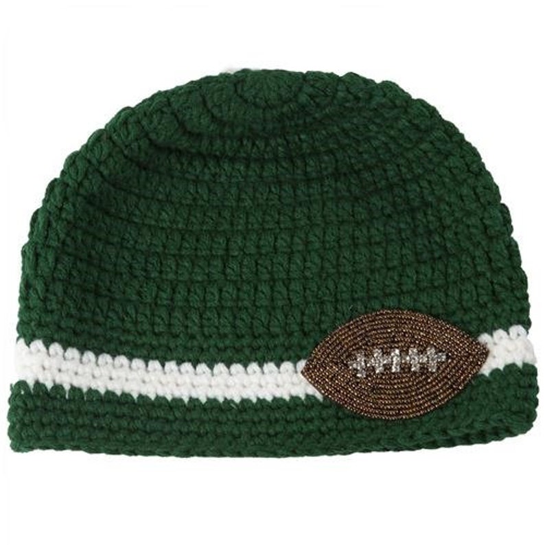 Michigan State and New York Jets Inspired dark green & white beanie with a beaded and rhinestone football image 1
