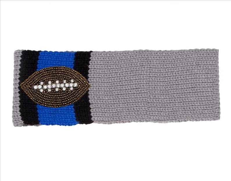 Detroit Lions inspired gray, blue & black knit headband ear warmer with a beaded and rhinestone football image 3