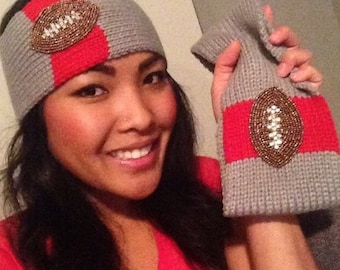 Ohio State University inspired gray & scarlet red knit headband ear warmer with a beaded and rhinestone football