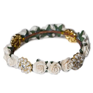 flower crown halo wreath headband with gold or silver plated pearl & rhinestone brooches