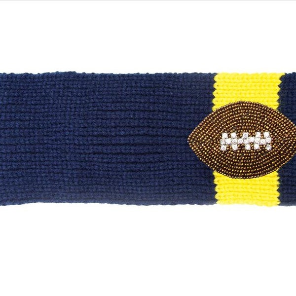University of Michigan San Diego Chargers inspired navy blue & yellow (maize) knit headband ear warmer with a beaded and rhinestone football