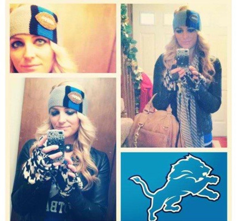 Detroit Lions inspired gray, blue & black knit headband ear warmer with a beaded and rhinestone football image 4