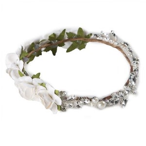 flower crown halo wreath headband with a gold or silver plated crystal rhinestone trim
