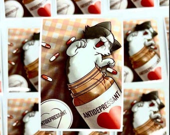 May include: A black and white cat is curled up inside a pill bottle labeled "Antidepressant". The bottle is surrounded by scattered pills. The cat has a heart-shaped design on its chest.