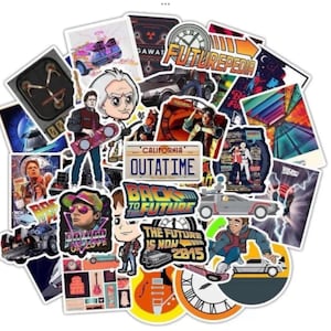 May include: A collection of colorful stickers featuring characters and imagery from the Back to the Future movie franchise. The stickers include the DeLorean time machine, Doc Brown, Marty McFly, and various logos and phrases from the films.