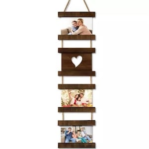 May include: A rustic wooden picture frame set with four frames, including one with a heart cutout. The frames are connected by twine and can be hung vertically.