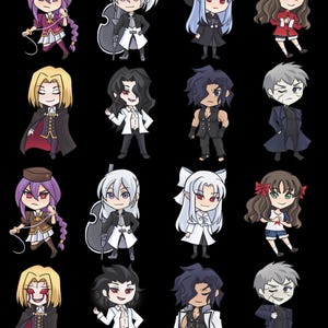 May include: Sixteen chibi anime characters are depicted, each with distinct hairstyles and attire. Some characters hold items such as a violin or whip. The background is a plain black, highlighting the colorful characters.